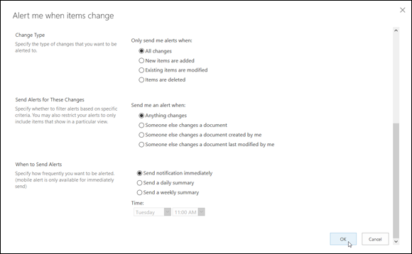 Screenshot for creating a new alert for a SharePoint Documents app, specifying the type of change and when and how to send alerts.