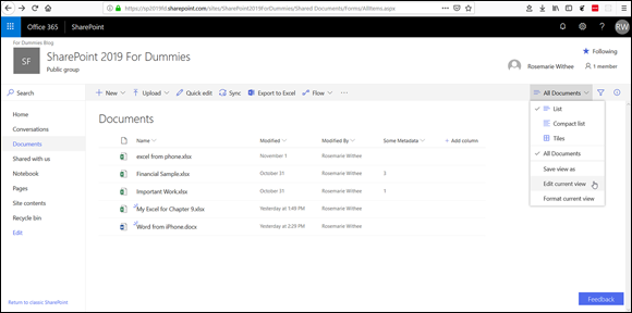 Screenshot of the SharePoint site for editing a view to get to the RSS feed.