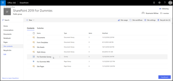 Screenshot of the SharePoint site page displaying the Contents page listing out the sites on the screen.