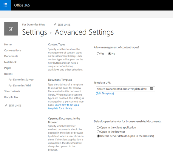 Screenshot of the Office 365 window displaying the Settings page for configuring Advanced Settings.