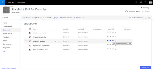 Screenshot of the SharePoint site page displaying the rating field allowing users to select a star rating for a document.