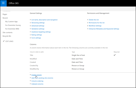 Screenshot of the Office 365 window displaying the General settings page for adding a new column to the list.