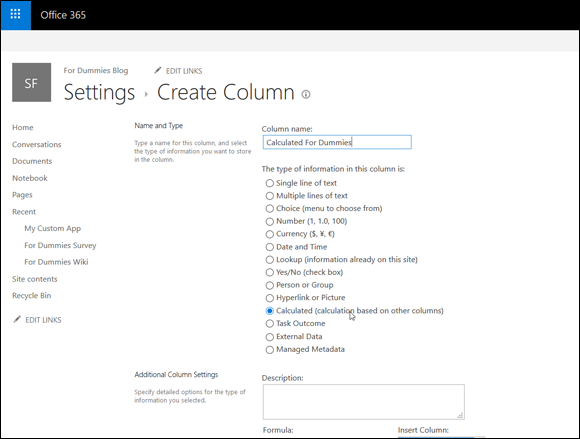 Screenshot of the Office 365 window displaying the Settings page to create a calculated column in the Column settings.
