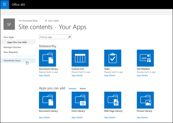 Screenshot of the Office 365 displaying the Site contents page for accessing the SharePoint Store from the Your Apps page.