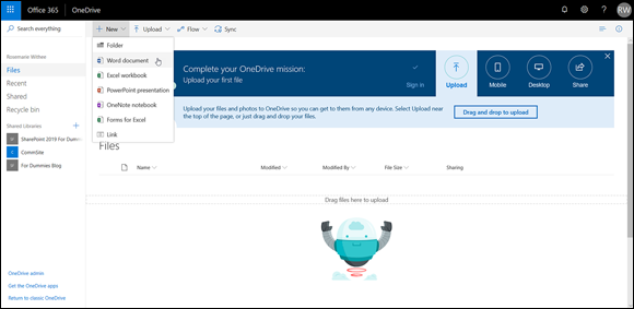 Screenshot of the OneDrive site for creating a new document in OneDrive, by dragging the files to be uploaded.