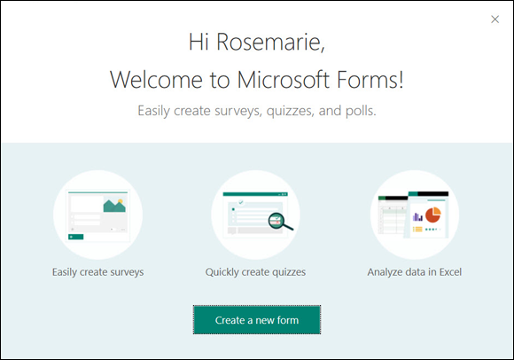 Screenshot the welcome page of the Microsoft 365 window for signing into Microsoft Forms.