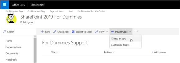 Screenshot of the SharePoint page for creating a new PowerApp by clicking the PowerApps drop-down menu.