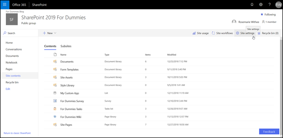 Screenshot of the SharePoint site for opening the contents of the Site Settings page.