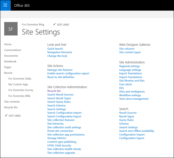 Screenshot of the Office 365 Site Settings page in SharePoint displaying a number of links all grouped into various categories.