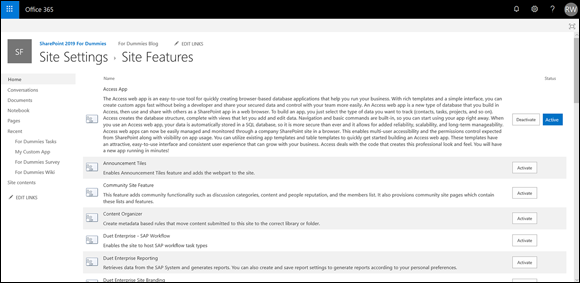 Screenshot of the Office 365 Site Settings page displaying the active and inactive SharePoint features.