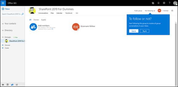 Screenshot of the Office 365 page for adding a user to the Outlook group for the SharePoint site in the web browser.