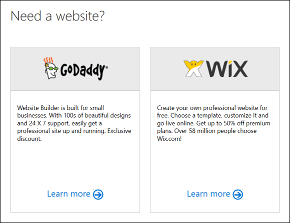 Screenshot displaying the two hosting partners of a Microsoft’s website to create a public-facing website.