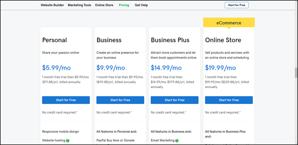 Screenshot for choosing a website plan from GoDaddy with the Microsoft discount: Personal, Business, Business Plus, and Online Store.
