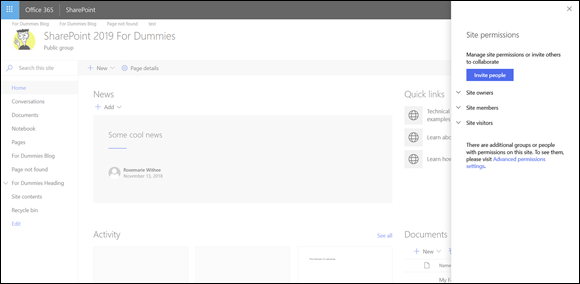 Screenshot of the SharePoint site displaying the Site Permissions dialog box that is used to add users to the site.
