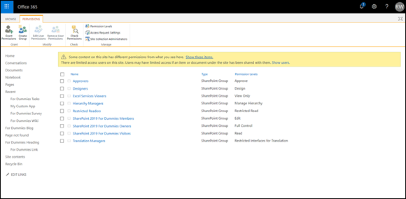 Screenshot of the Office 365 window displaying the advanced permissions page for a SharePoint site. 