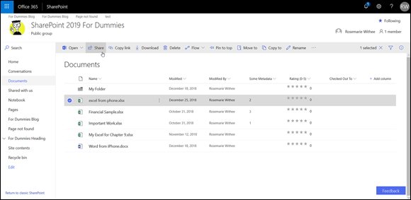 Screenshot of the SharePoint site page to click Share for a document in a Library app.