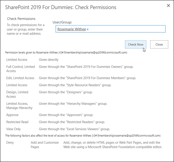 Screenshot of the SharePoint 2019 For Dummies: Check Permissions window to view a user’s permissions to the current site.