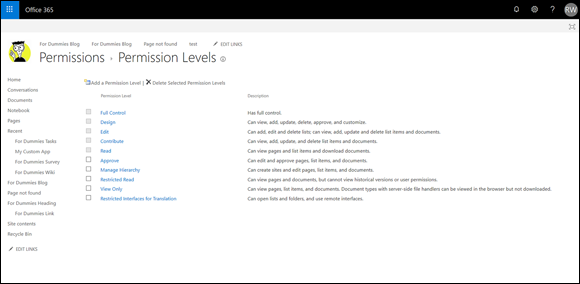 Screenshot of the Office 365 window displaying the permission levels to view the site’s permission assignments.