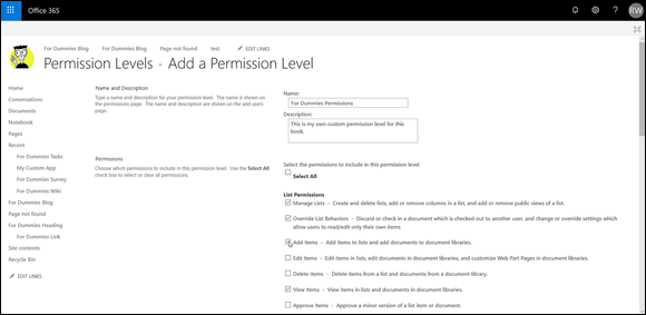 Screenshot of the Office 365 window for creating a new permission level that can be used to assign the correct permissions to the groups.