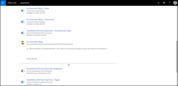 Screenshot of the SharePoint site displaying the search results page with an icon that allows to expand that result and see a preview of the content.