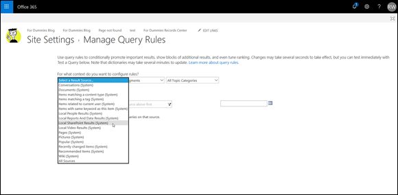 Screenshot of the Office 365 window for selecting Local SharePoint Results from the Manage Query Rules page.