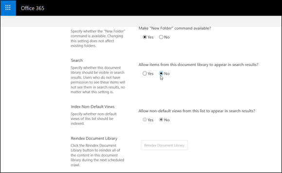Screenshot of the Office 365 window for removing the contents of an app from the SharePoint search results.