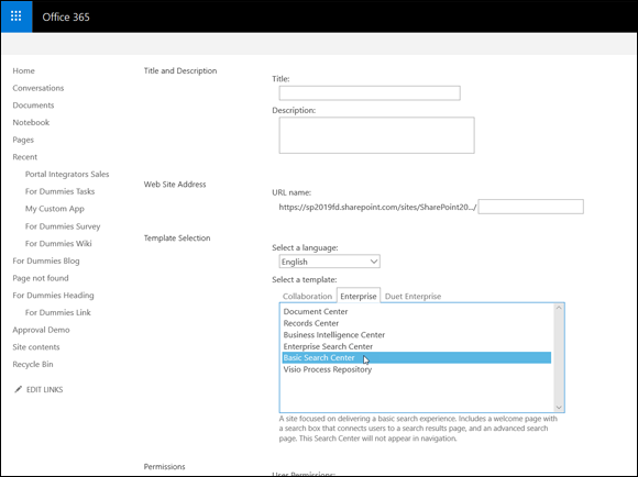Screenshot of the Office 365 window for selecting a Search Center template when creating a new site.