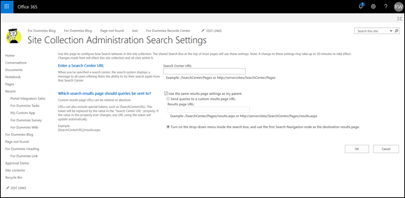Screenshot of the Office 365 window displaying the Site Collection Administration Search Settings page to configure the search settings.