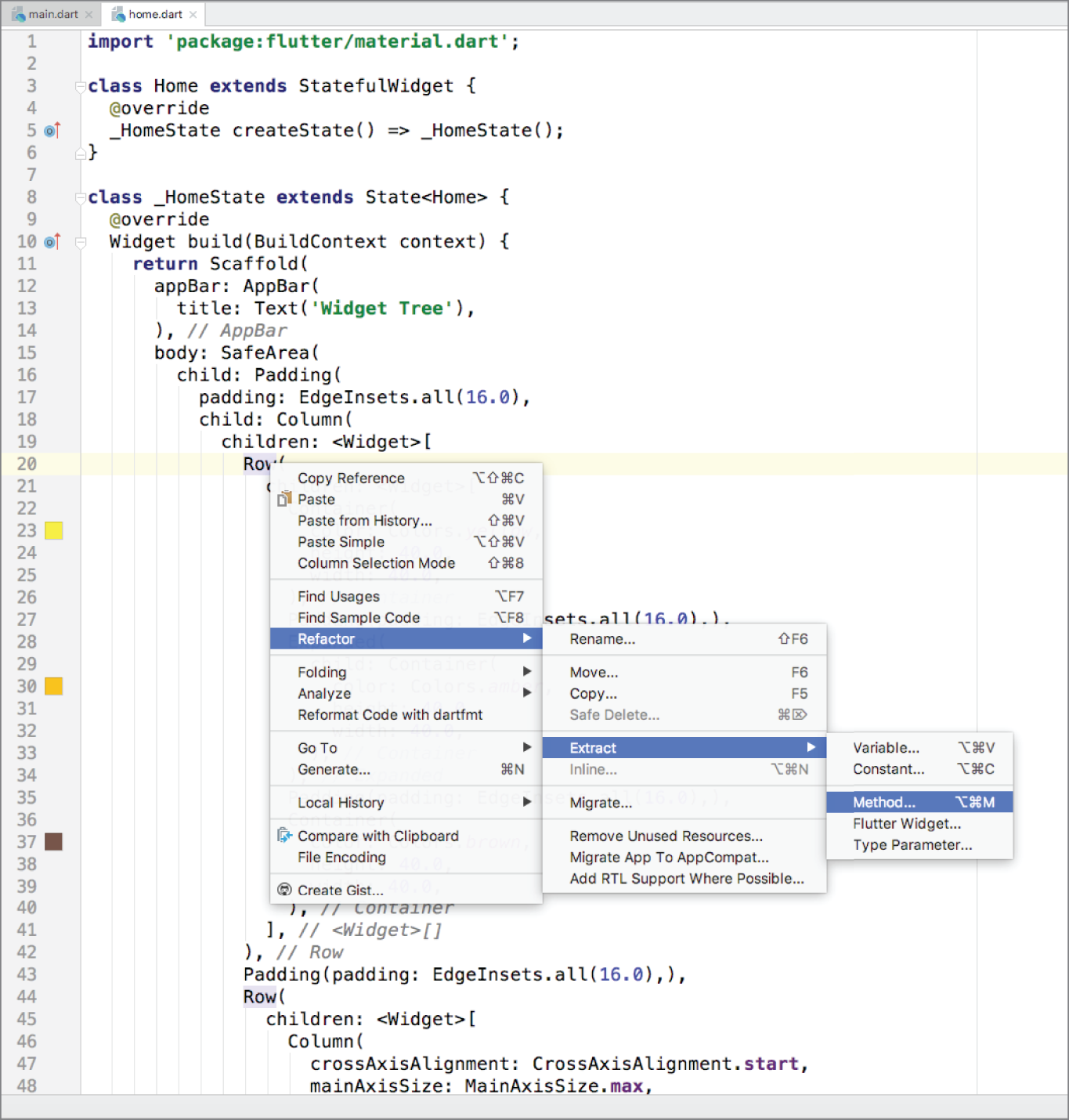 Screenshot of using the method pattern to flatten the widget tree to refactor the widgets.