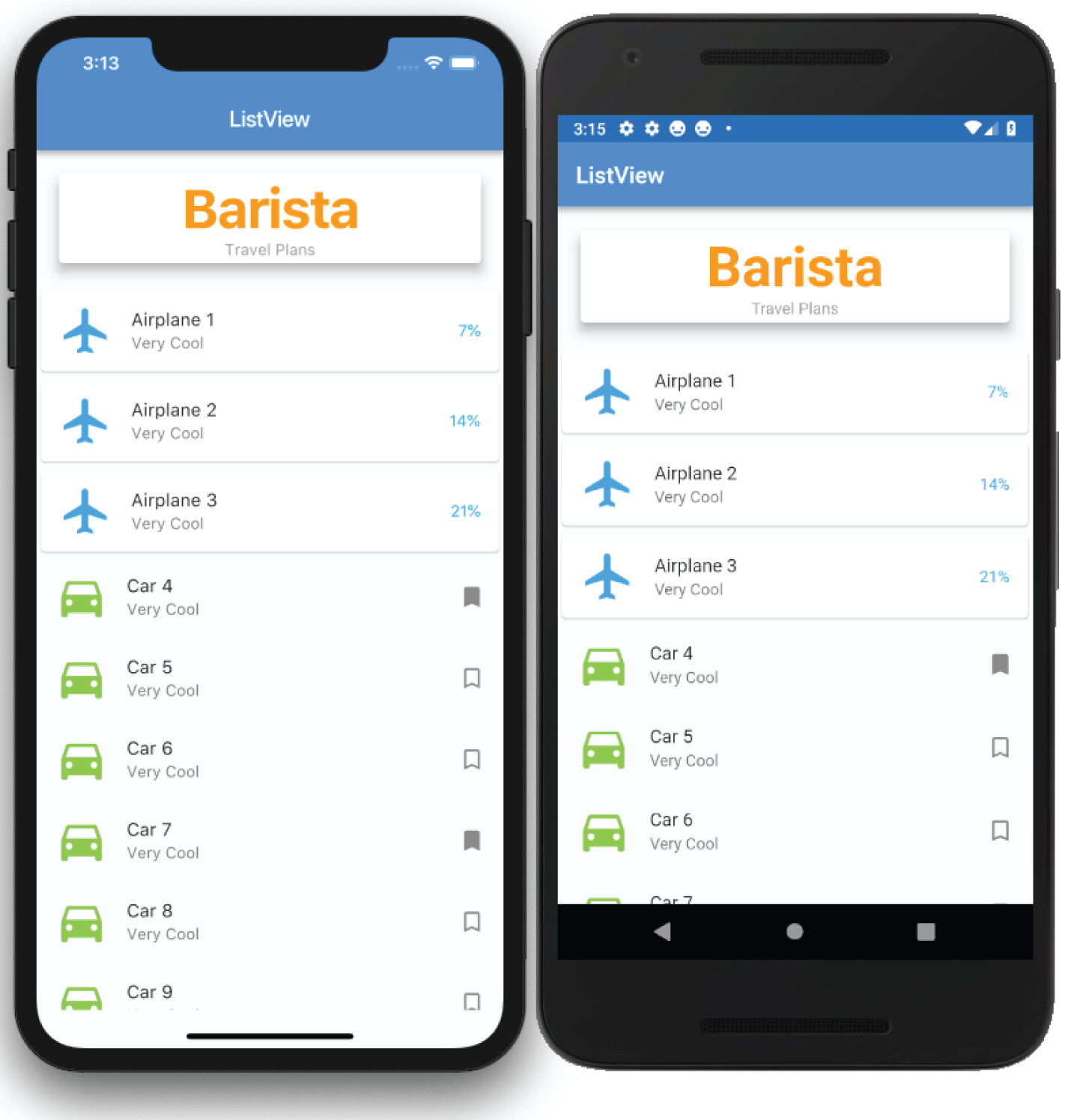 “Screenshot ofan example where the ListView widget uses the builder to display a Card for the header and two variations of the ListTile for the data list. The ListTile can display leading and trailing widgets.”