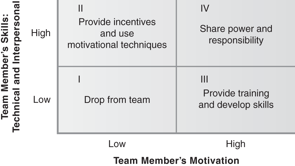 Illustration depicting team composition: Evaluating and managing team members based on skills and motivation in the four quadrants.
