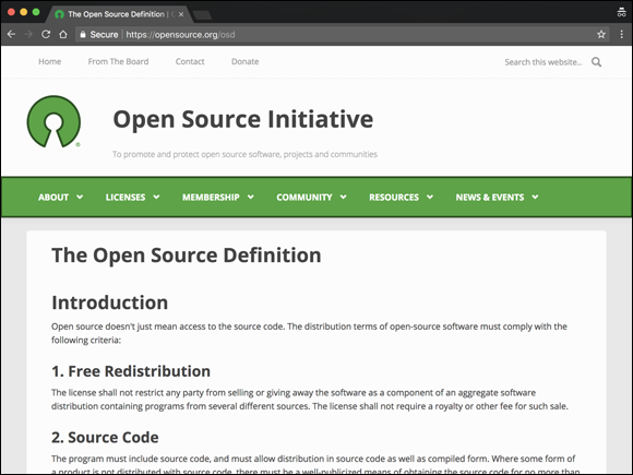 Screenshot of the Open Source Initiative page displaying the Open Source Definition from the OSI.