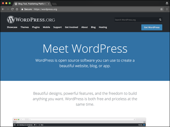 Screenshot of the WordPress.org website, which is an open source software that can be used to create a beautiful website, blog or app.