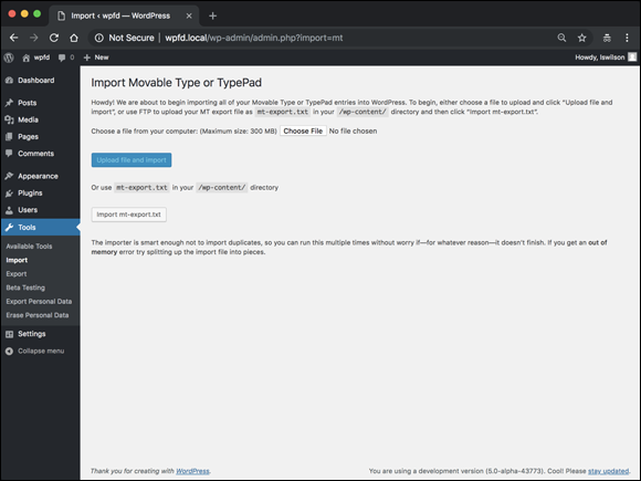 Screenshot displaying the  Import Movable Type or TypePad page on the WordPress Dashboard with instructions for importing a file.