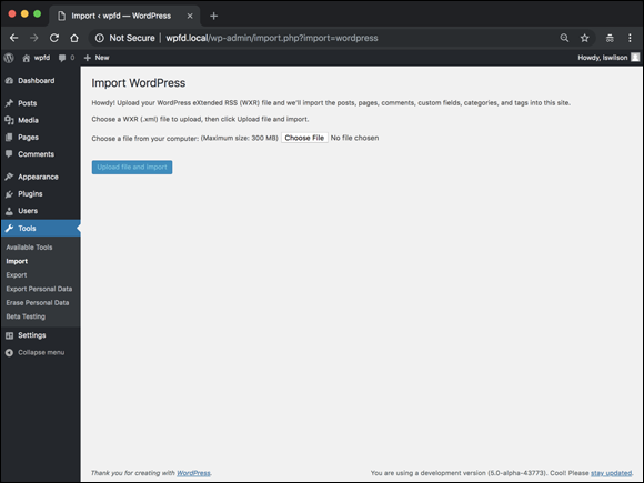 Screenshot displaying the Import WordPress page in the WordPress Dashboard with instructions for importing a file.