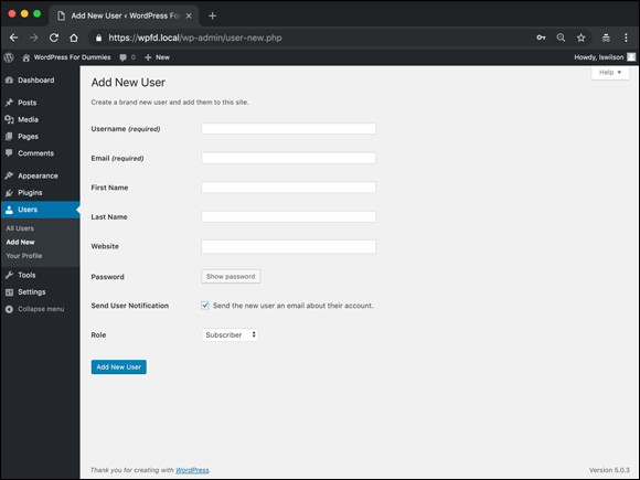 Screenshot displaying the Add New User screen of the WordPress Dashboard, to add a new link in the Users submenu option.