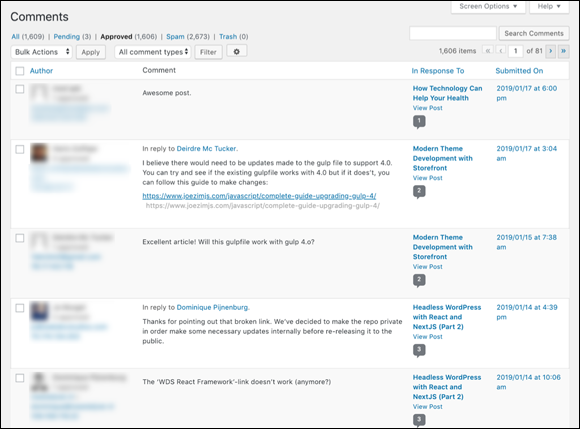 Screenshot of the Comments screen containing all the comments and trackbacks posted on a site.
