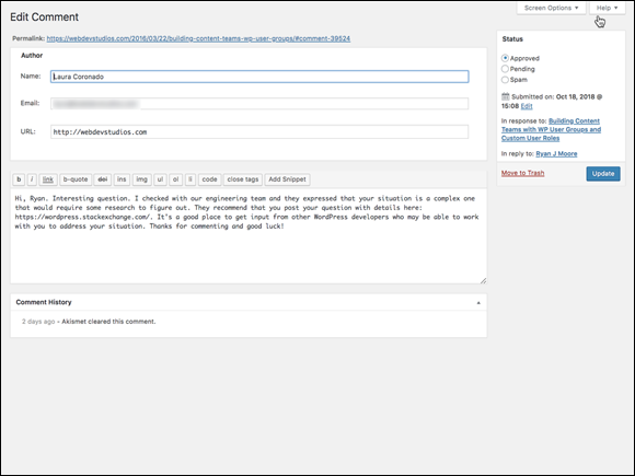Screenshot displaying the Edit Comment screen, where the user can edit the different fields, such as name, email address, URL, and comment content.
