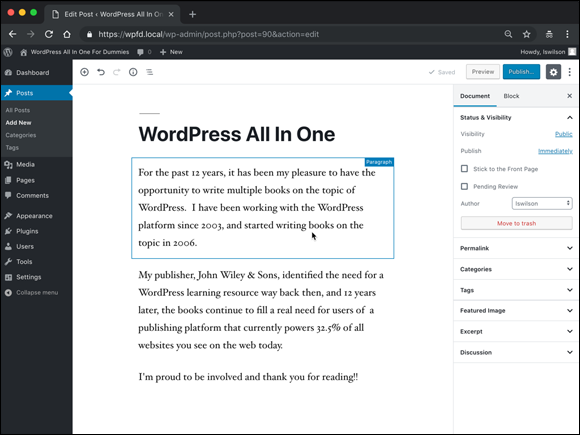 Screenshot of the Edit Post screen displaying the default paragraph block in the WordPress block editor with features giving a variety of options for formatting the content.