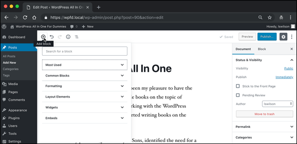 Screenshot of the Edit Post screen displaying the menu of the available blocks in the WordPress block editor.