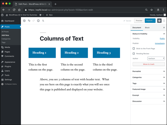 “Screenshot depicting the use of the Columns block to create three columns of text with headings in the WordPress block editor.”