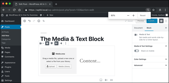 Screenshot of the Edit Post screen displaying the Media and Text block to insert a two-column block that displays media (image or video) and text side by side.