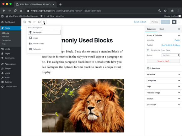 Screenshot of the Edit Post screen displaying the Block Navigation menu that makes it easy to navigate to a specific block to edit it.