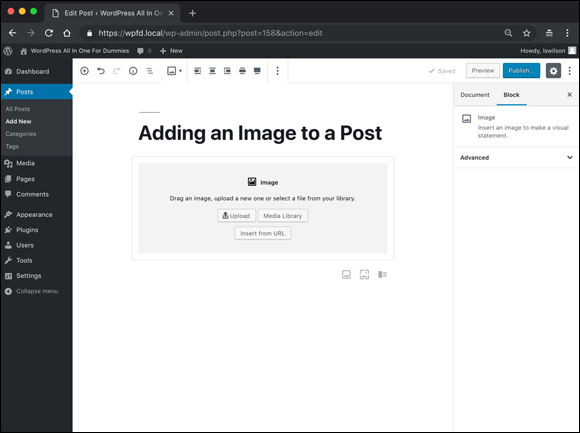 Screenshot of the Edit Post screen for adding an image to a post in the WordPress block Editor through 4 ways: Upload, Media Library, Insert from URL, and Drag an Image.