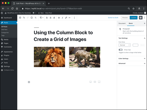Screenshot of the Edit Post screen displaying the pictures  of a lion and cheetah in the Columns block.