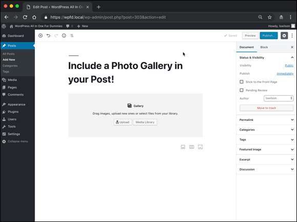 Screenshot displaying the Gallery block in the WordPress Block Editor to include a photo gallery in the post.