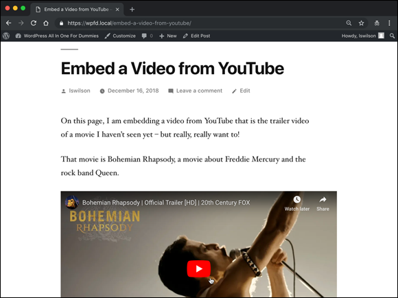 Screenshot displaying a YouTube video embedded in a post on the website of a person, using the Embed block.