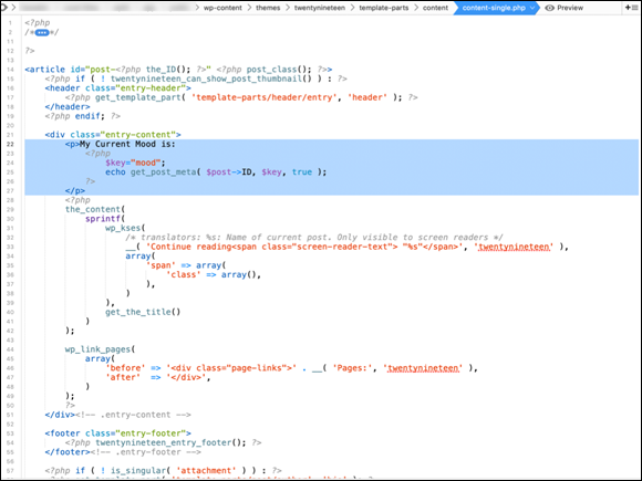 Screenshot displaying the content-single.php file with the new Custom Fields code in a code editor.