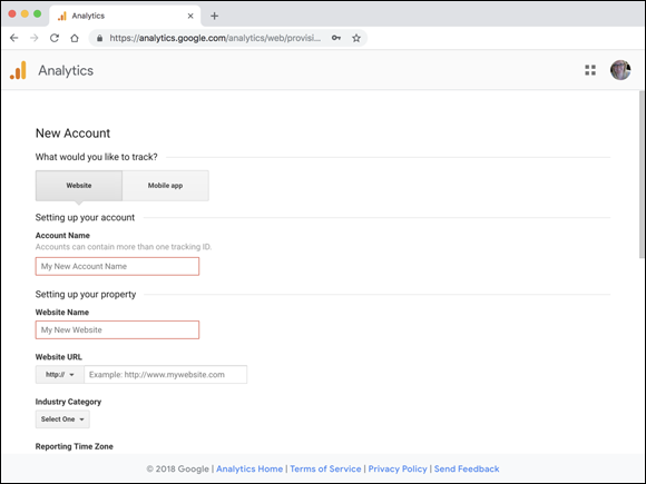Screenshot displaying the New Account page in Google Analytics to fill in information such as Account name, Website name, Website URL, Industry category, and the reporting time zone.