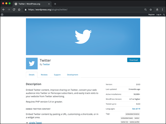 “Screenshot of the download page for the Twitter plugin displaying a description of the plugin as well as other information about the plugin.”